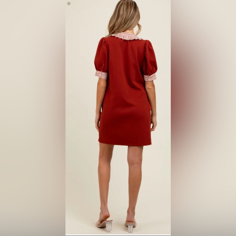 Rust Mock Neck Contrast Striped Trim Maternity Mini Dress